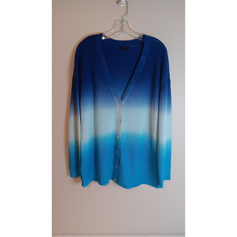 Talbots Ombre Dip Dye Cardigan Gradient Blue Cotton Lyocell Preppy XL